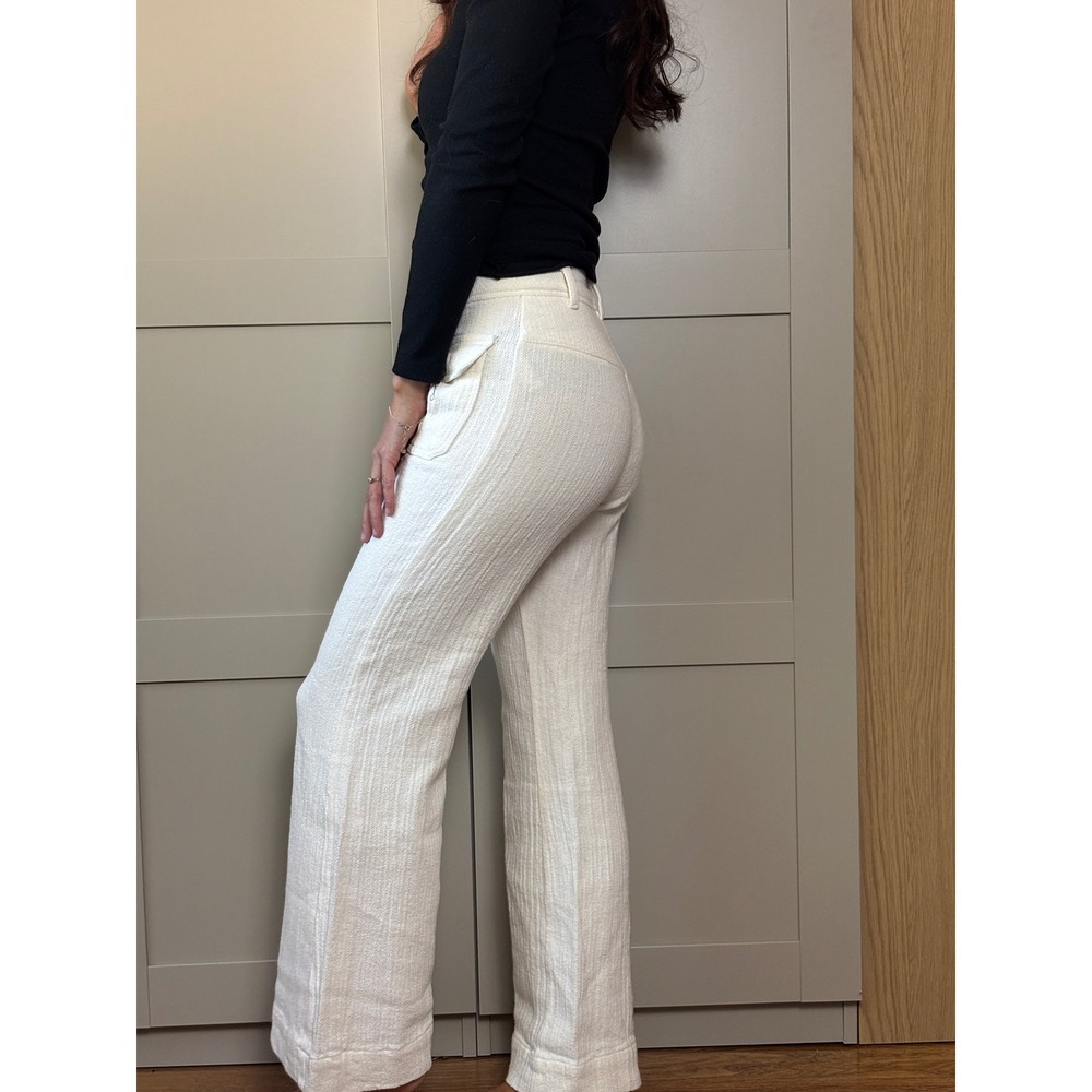 Free People Cream Textured Flare Pants Boho Preppy Beach High Rise Trousers 4
